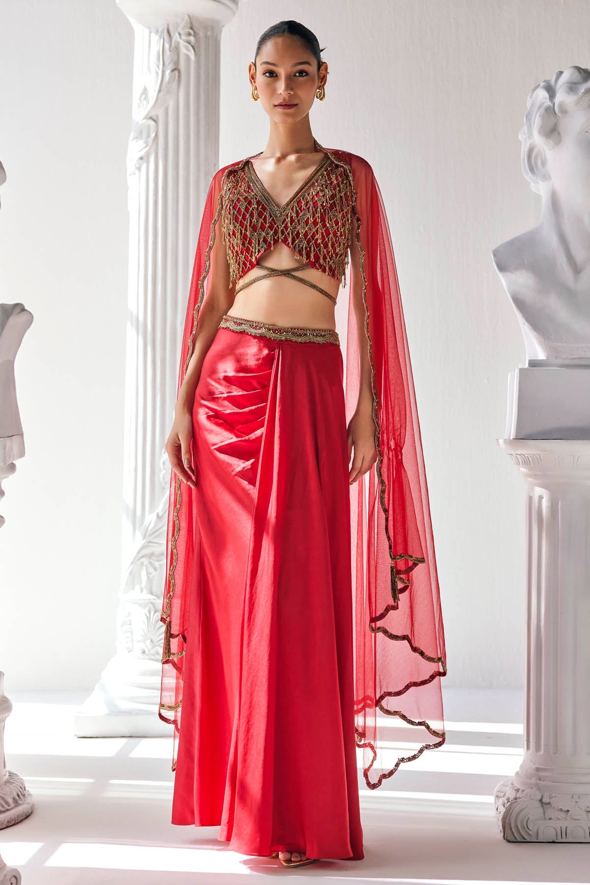Buy Red Zardosi Cape & Skirt Set by Mandira Wirk
